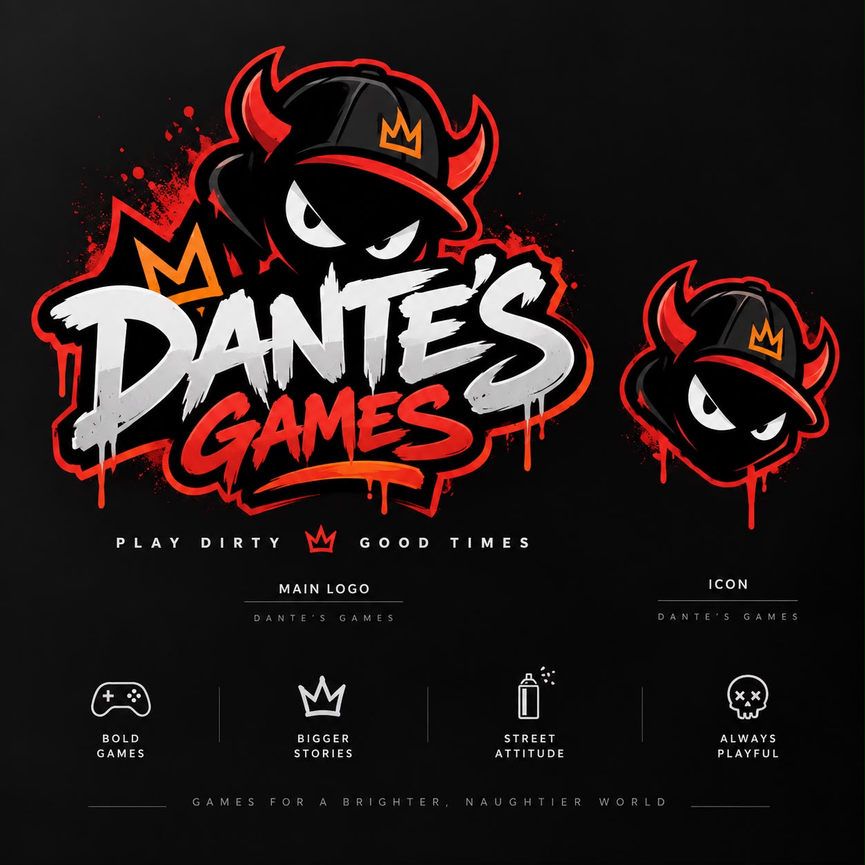 Dante’s Games logo and red-horned mascot